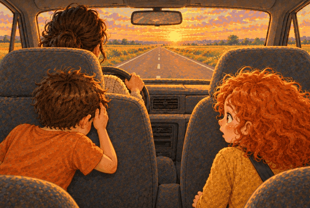 Rafi and Maya in the back seat of a car on a long straight road